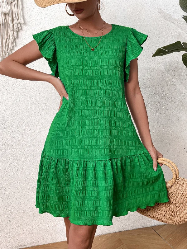 Blue Zone Planet |  Textured Round Neck Ruffle Hem Dress Open-back unclassified dresses