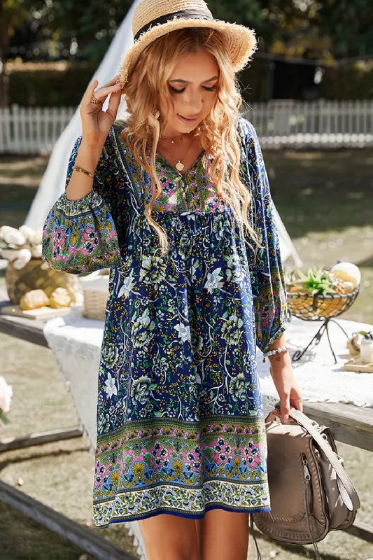 Bohemian Tie Neck Balloon Sleeve Dress Smocked unclassified dresses