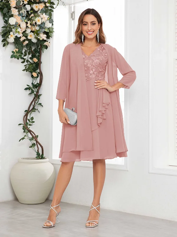 Carolina Chic Two Pieces V Neck Appliques Knee Length Chiffon Mother Of The Bride Dresses Bright color unclassified dresses