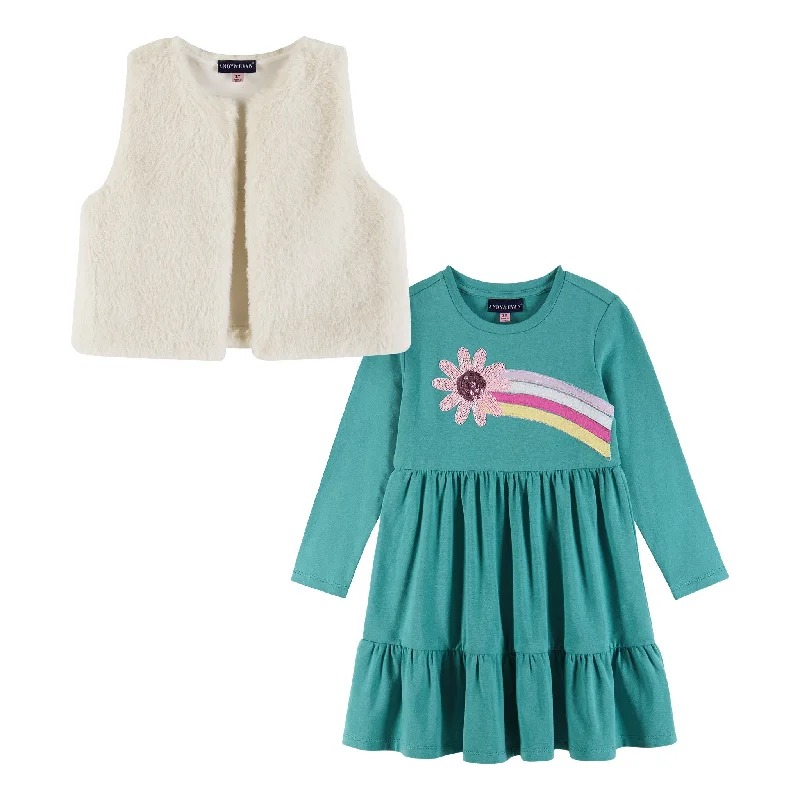 Kids Teal Jersey Dress & Faux Fur Vest Set | Rainbow Graphic Sequin unclassified dresses