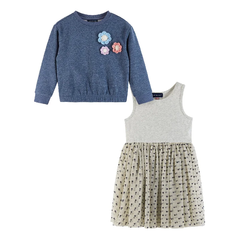 Kids Terry Crewneck & Dress Set | Navy Heather Flowers Wedding guest unclassified dresses