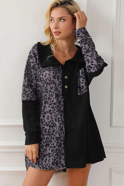 Half Button Leopard Collared Neck Blouse Denim unclassified dresses