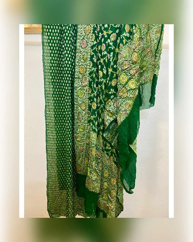 Elegant Hand Brush Dye Green 3 pcs Khaddi Georgette Banarasi Dress Material Elegant unclassified dresses