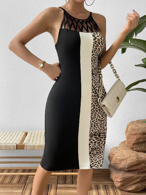 Leopard Color Block Cutout Sleeveless Knee-Length Dress Bright color unclassified dresses