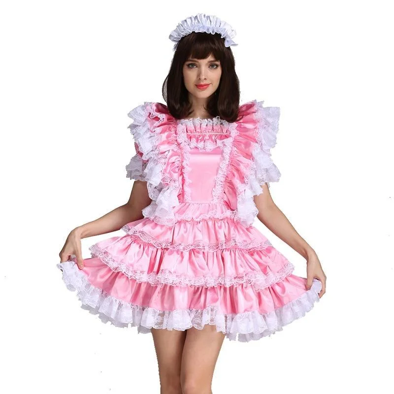 Lockable Sissy Maid Satin Dress Smocked unclassified dresses