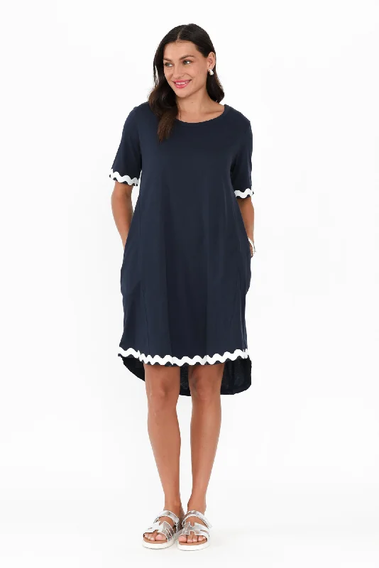 Nyree Navy Ric Rac Hi Lo Cotton Dress Flowy unclassified dresses