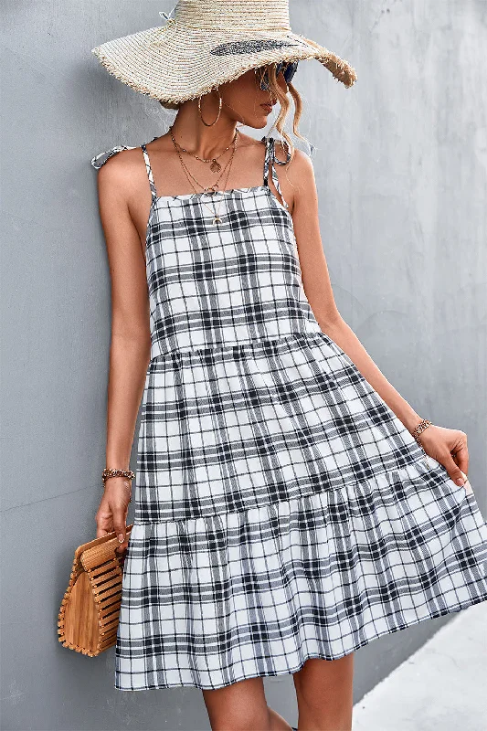 Plaid Tie-Shoulder Tiered Dress Women's unclassified dresses