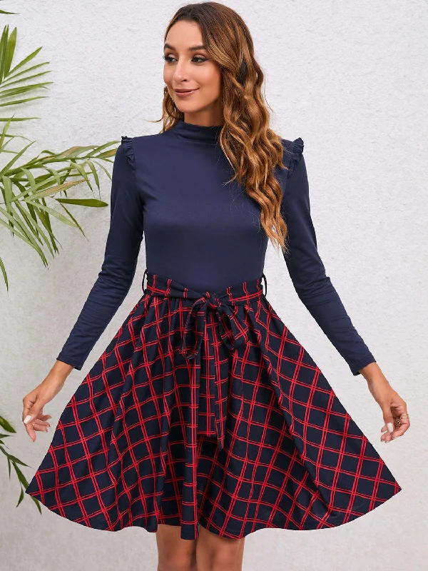 Plaid Tie Waist Ruffle Shoulder Dress Boho unclassified dresses