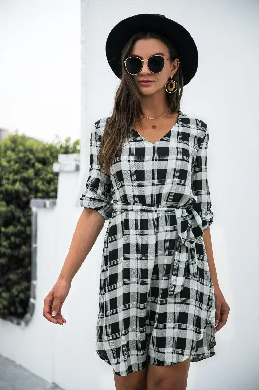 Plaid V-Neck Tie Waist Dress Women's unclassified dresses