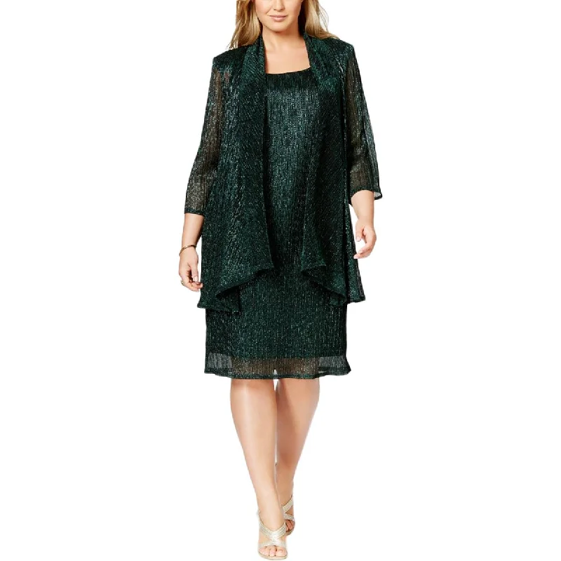 R&M Richards Womens Plus Metallic 2PC Dress With Cardigan Knitted unclassified dresses