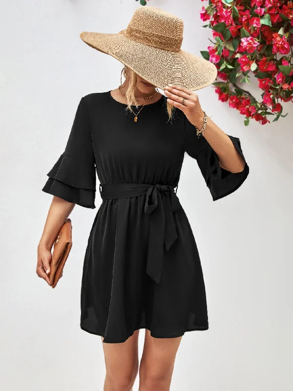 Round Neck Tie Belt Flounce Sleeve Dress Sequin unclassified dresses