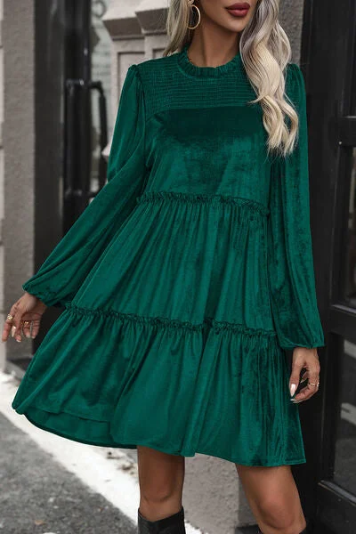 Smocked Balloon Sleeve Frill Trim Tiered Dress Embroidered unclassified dresses