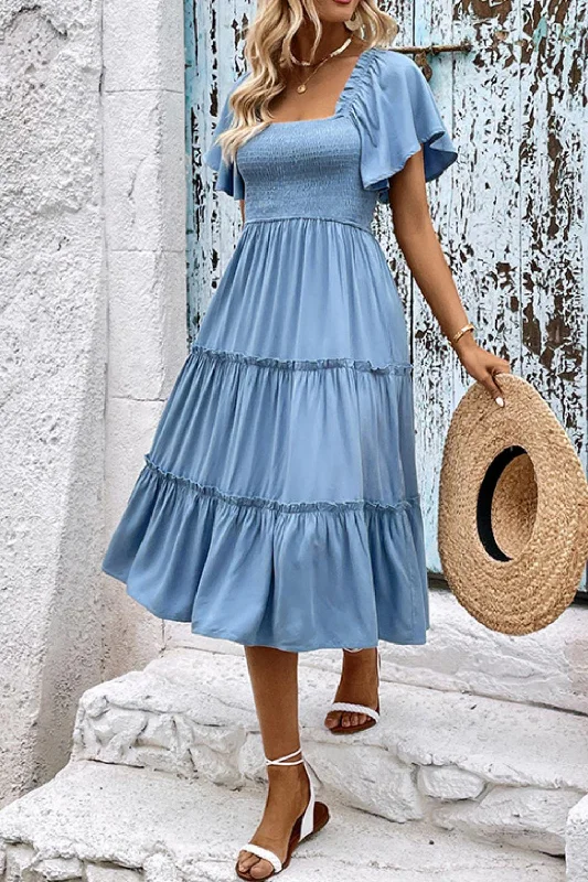 Smocked Square Neck Frill Trim Dress Party unclassified dresses