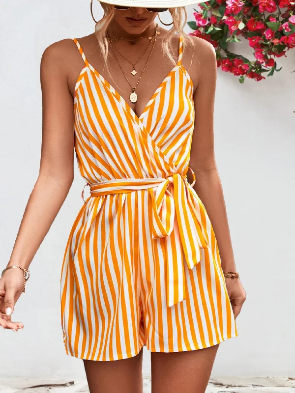 Striped Tie Waist Spaghetti Strap Romper Monochrome unclassified dresses