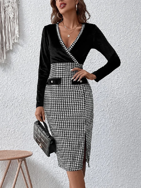 Surplice Neck Houndstooth Dress Formal unclassified dresses