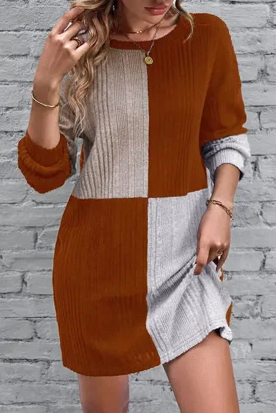 Blue Zone Planet |  Textured Color Block Round Neck Dress Graduation unclassified dresses