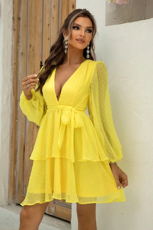 Tie Waist Balloon Sleeve Layered Dress Casual chic unclassified dresses