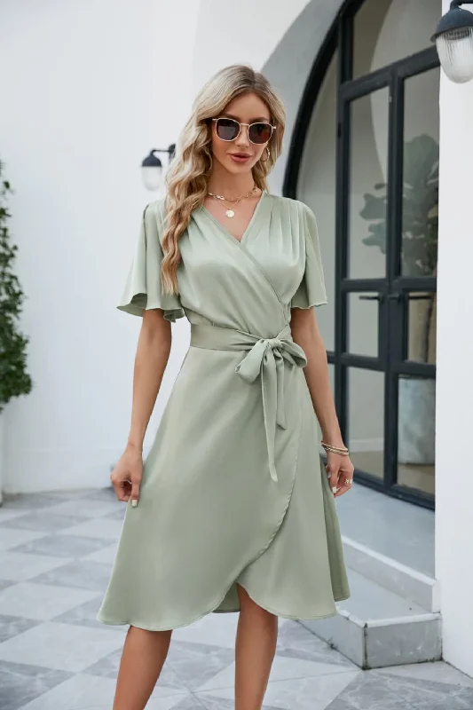 Tie Waist Flutter Sleeve Surplice Dress Breathable unclassified dresses