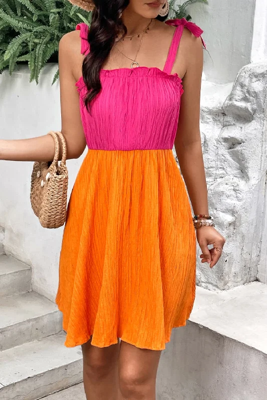 Two-Tone Tie-Shoulder Frill Trim Dress Boho unclassified dresses