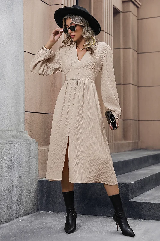 V-Neck Buttoned Slit Dress Popular unclassified dresses