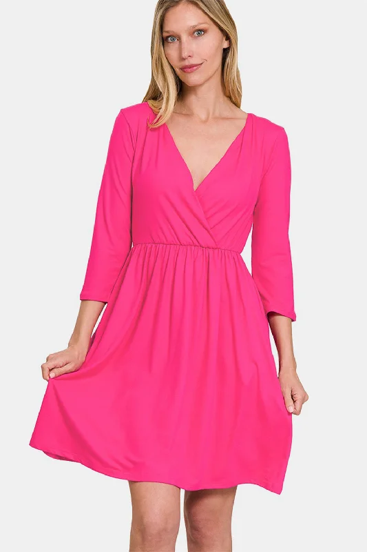 Zenana Three-Quarter Sleeve Surplice Dress with Pockets Party unclassified dresses