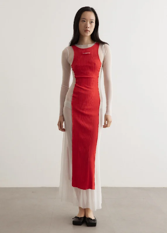 Mesh Long Dress With Rib Maxi Skirt Glam