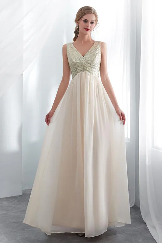 A-Line Champagne Sequins Long Prom Dress Sequin Detail Dress